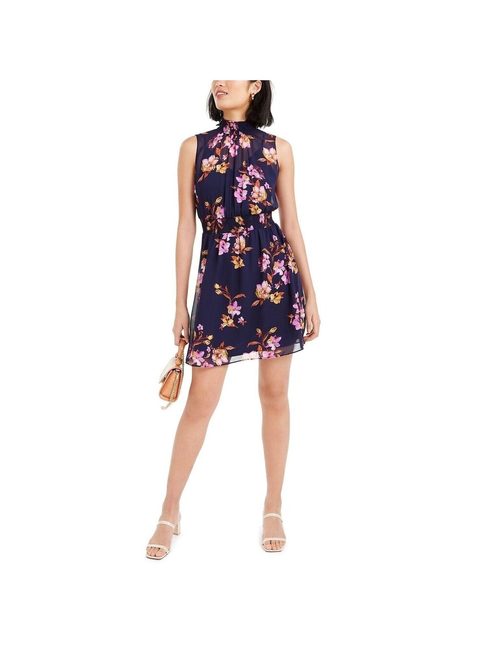 NEW Bar III Navy Floral Printed Mock-Neck Mini Dress Small